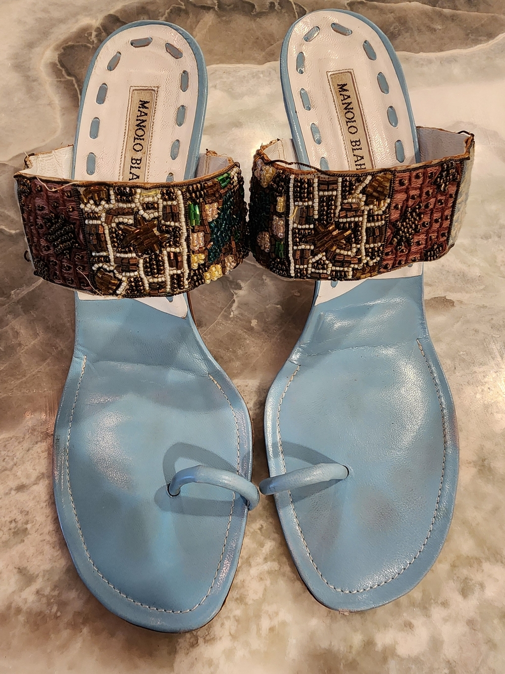 Manolo Blahnik Blue Beaded Strap Toe-Loop Sandals - Picture 6 of 13